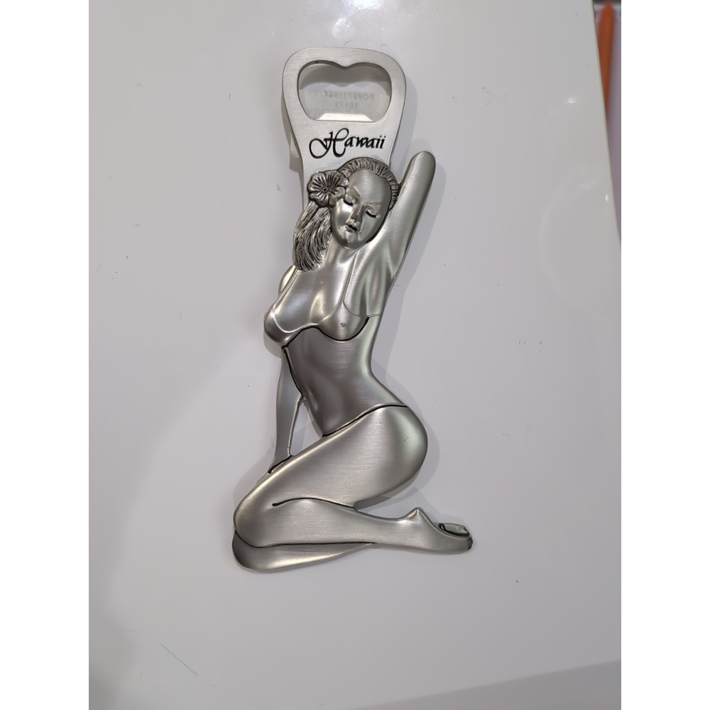Hawaii Beer Bottle Opener WomanBikini‎ Tropical Flower Pewter Magnet 6" ABC New